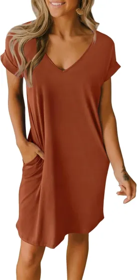 BTFBM Women V Neck Short Sleeve Summer Dresses Beach 2025 Spring Casual Loose Tunic Short T-Shirt Dress Pajamas Pockets