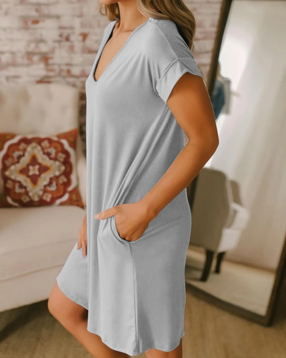 BTFBM Women V Neck Short Sleeve Summer Dresses Beach 2025 Spring Casual Loose Tunic Short T-Shirt Dress Pajamas Pockets
