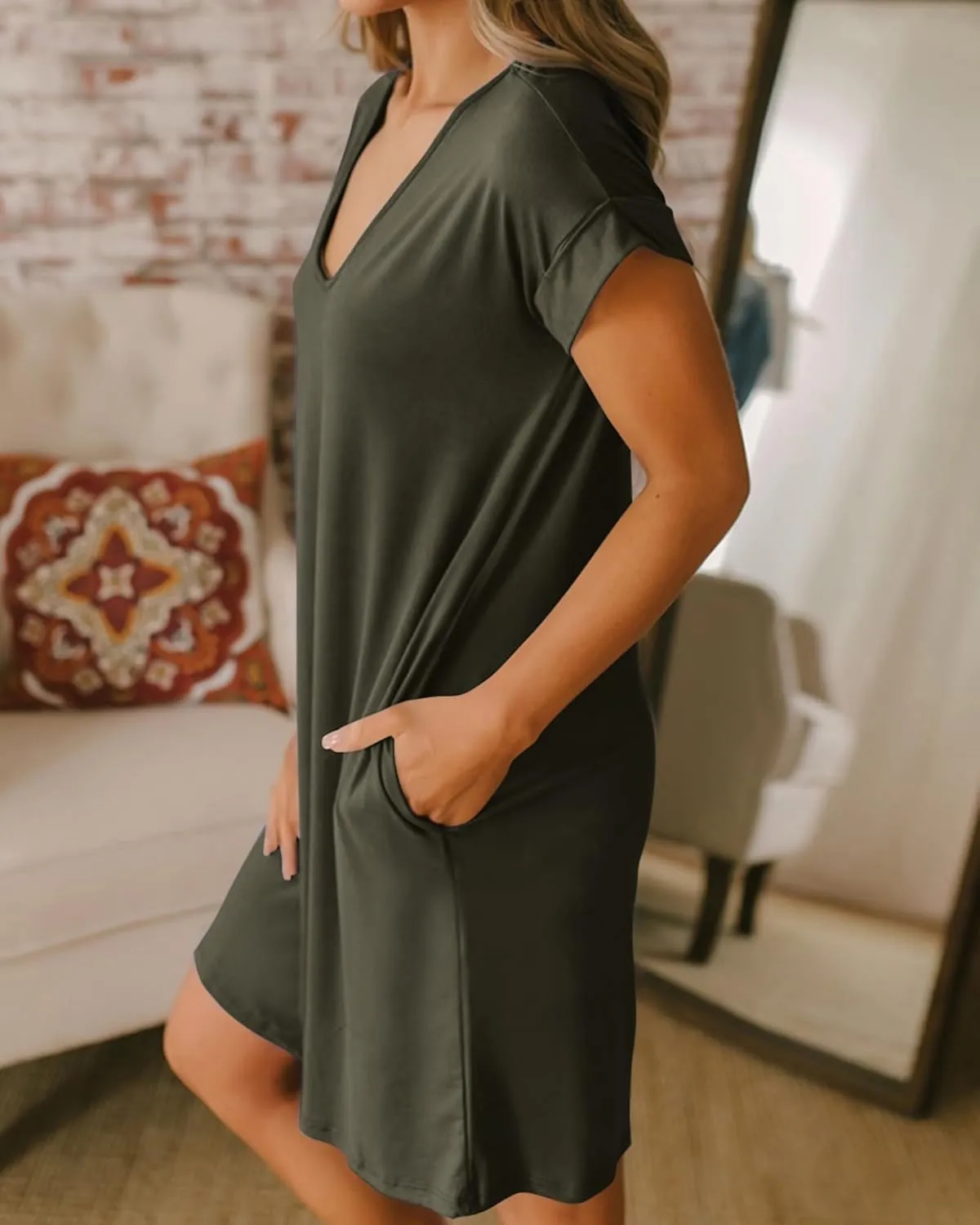BTFBM Women V Neck Short Sleeve Summer Dresses Beach 2025 Spring Casual Loose Tunic Short T-Shirt Dress Pajamas Pockets