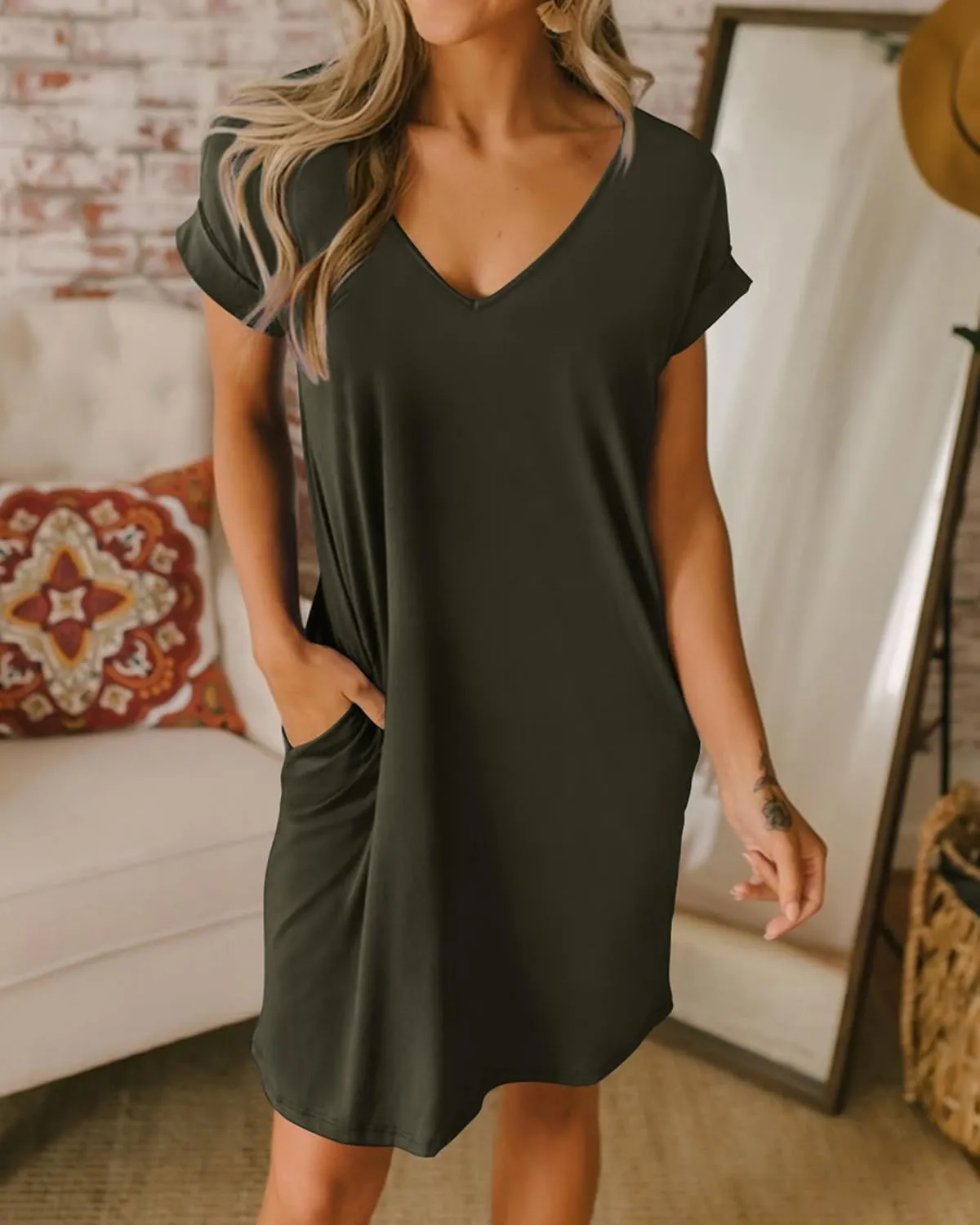 BTFBM Women V Neck Short Sleeve Summer Dresses Beach 2025 Spring Casual Loose Tunic Short T-Shirt Dress Pajamas Pockets