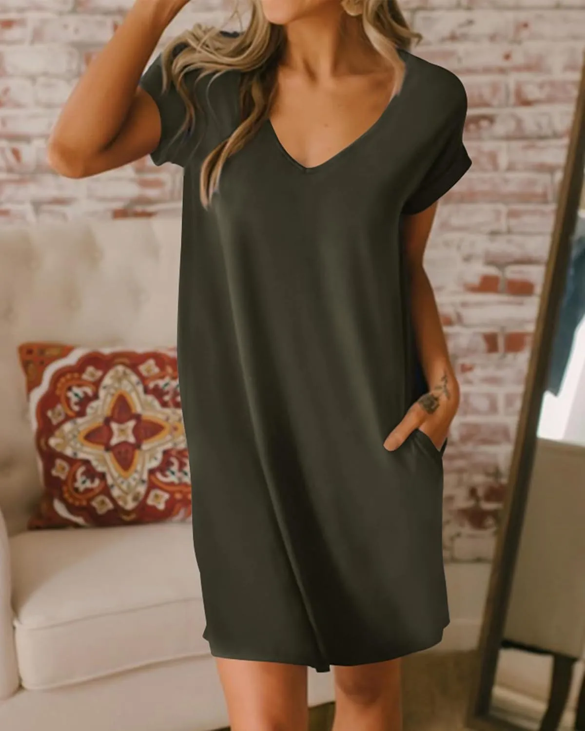 BTFBM Women V Neck Short Sleeve Summer Dresses Beach 2025 Spring Casual Loose Tunic Short T-Shirt Dress Pajamas Pockets