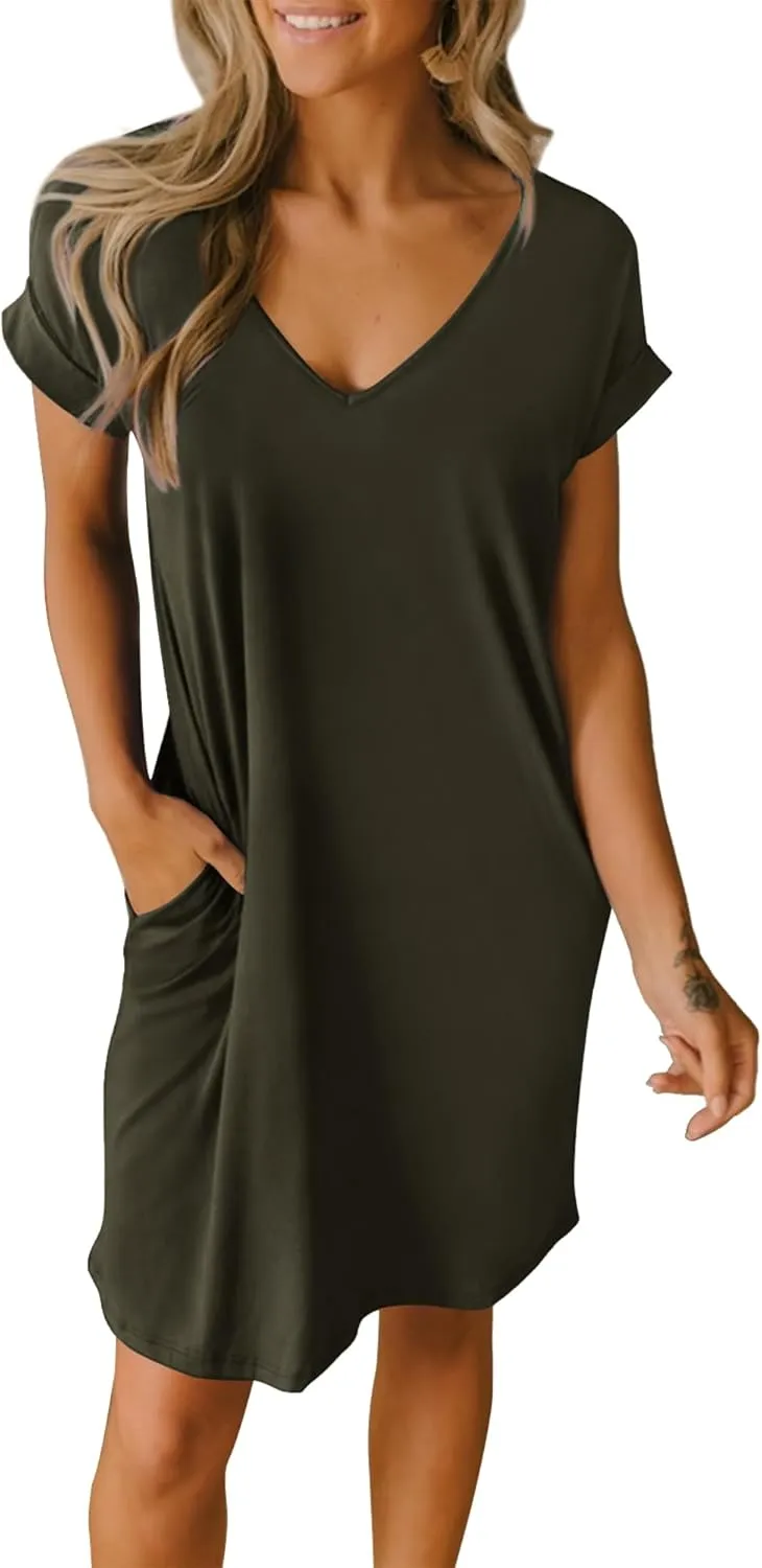 BTFBM Women V Neck Short Sleeve Summer Dresses Beach 2025 Spring Casual Loose Tunic Short T-Shirt Dress Pajamas Pockets