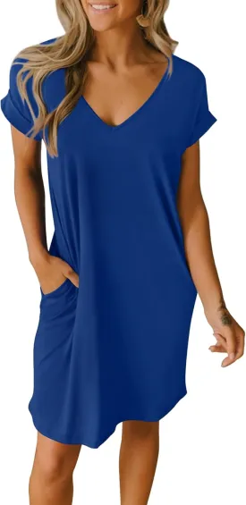 BTFBM Women V Neck Short Sleeve Summer Dresses Beach 2025 Spring Casual Loose Tunic Short T-Shirt Dress Pajamas Pockets