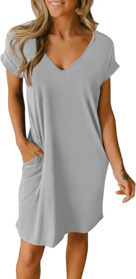 BTFBM Women V Neck Short Sleeve Summer Dresses Beach 2025 Spring Casual Loose Tunic Short T-Shirt Dress Pajamas Pockets