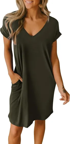 BTFBM Women V Neck Short Sleeve Summer Dresses Beach 2025 Spring Casual Loose Tunic Short T-Shirt Dress Pajamas Pockets