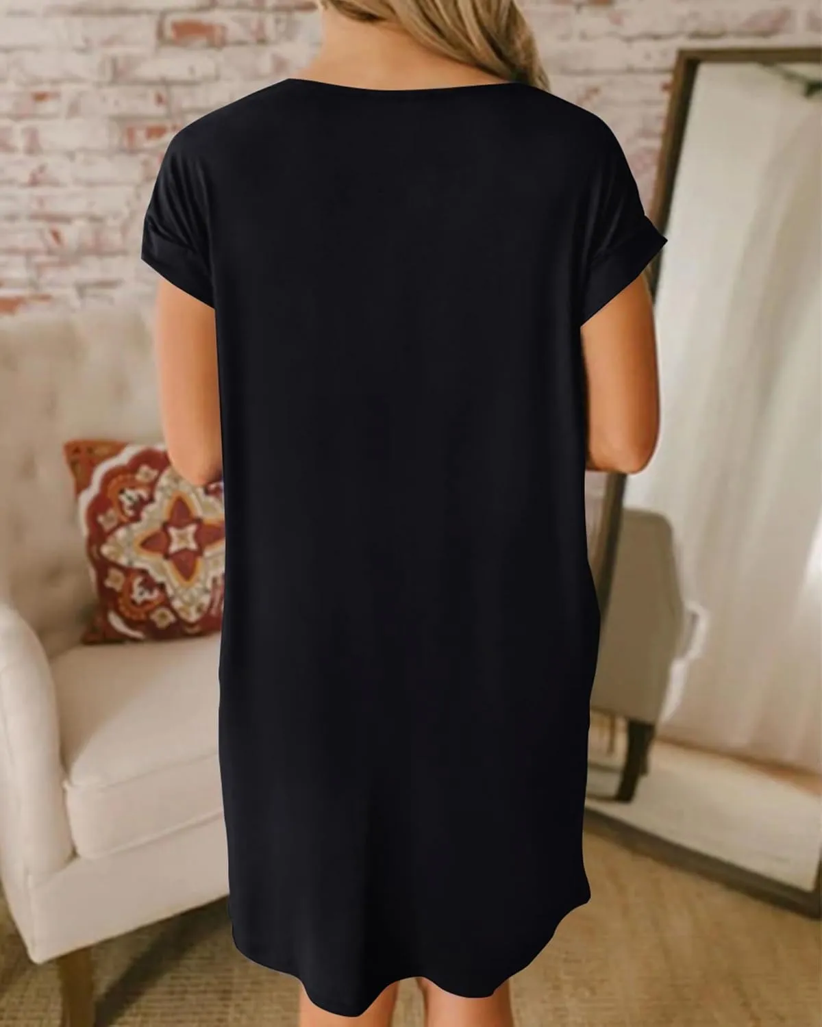 BTFBM Women V Neck Short Sleeve Summer Dresses Beach 2025 Spring Casual Loose Tunic Short T-Shirt Dress Pajamas Pockets