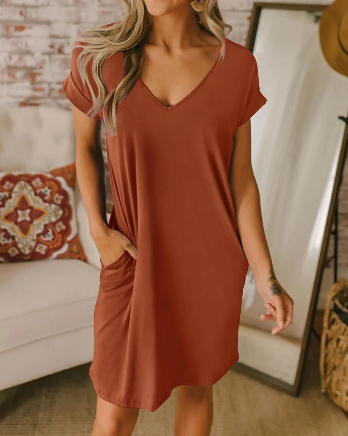 BTFBM Women V Neck Short Sleeve Summer Dresses Beach 2025 Spring Casual Loose Tunic Short T-Shirt Dress Pajamas Pockets
