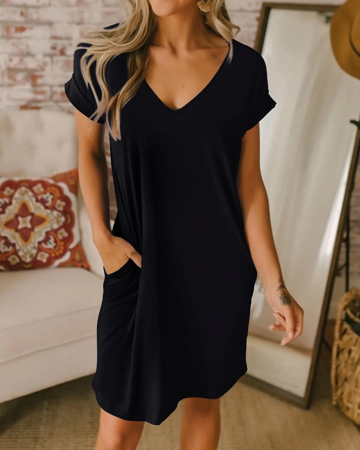 BTFBM Women V Neck Short Sleeve Summer Dresses Beach 2025 Spring Casual Loose Tunic Short T-Shirt Dress Pajamas Pockets
