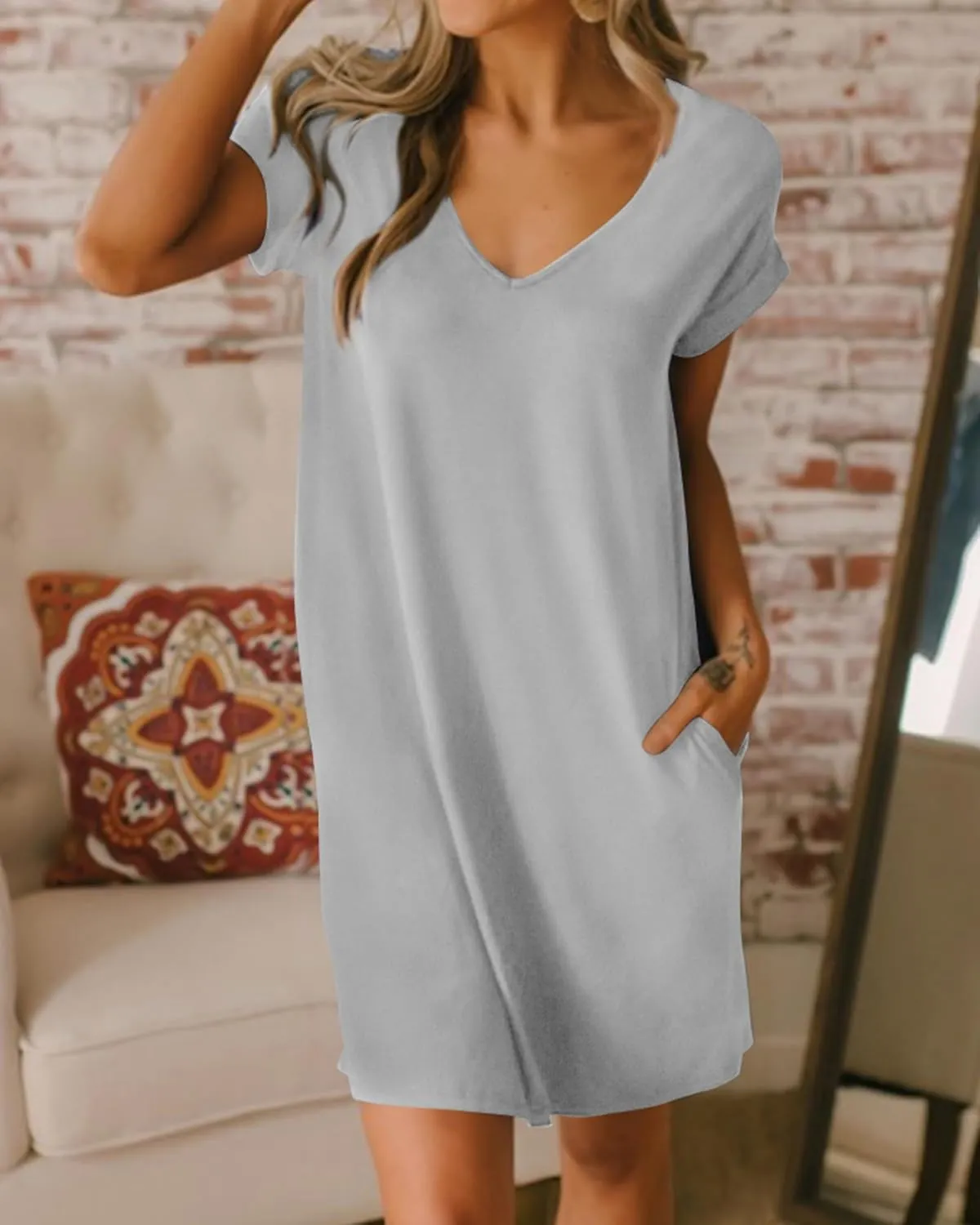 BTFBM Women V Neck Short Sleeve Summer Dresses Beach 2025 Spring Casual Loose Tunic Short T-Shirt Dress Pajamas Pockets