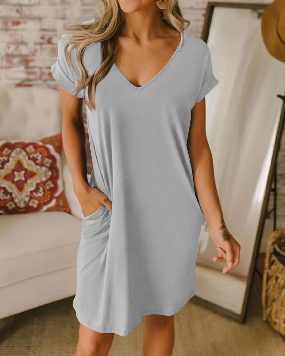 BTFBM Women V Neck Short Sleeve Summer Dresses Beach 2025 Spring Casual Loose Tunic Short T-Shirt Dress Pajamas Pockets