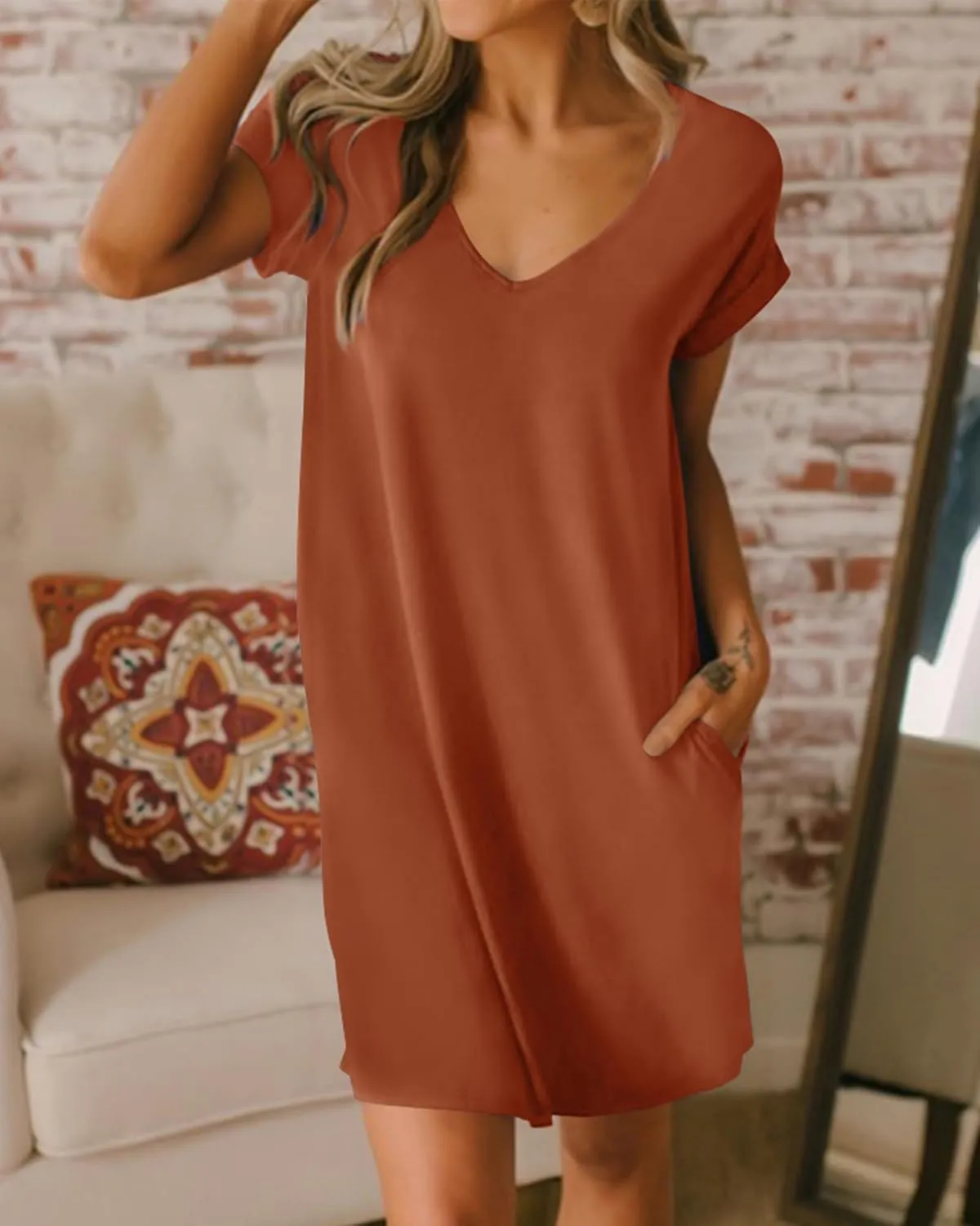 BTFBM Women V Neck Short Sleeve Summer Dresses Beach 2025 Spring Casual Loose Tunic Short T-Shirt Dress Pajamas Pockets