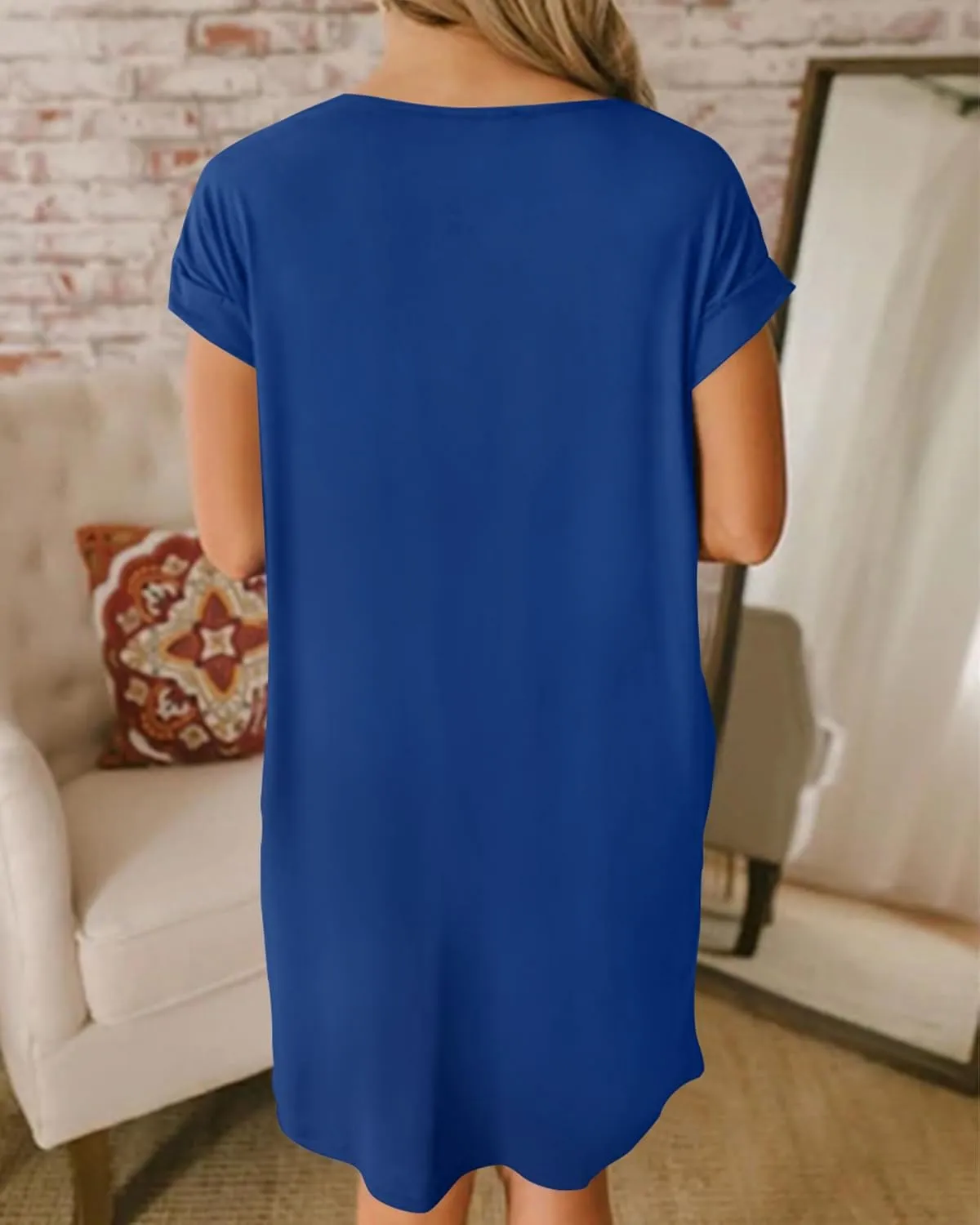 BTFBM Women V Neck Short Sleeve Summer Dresses Beach 2025 Spring Casual Loose Tunic Short T-Shirt Dress Pajamas Pockets