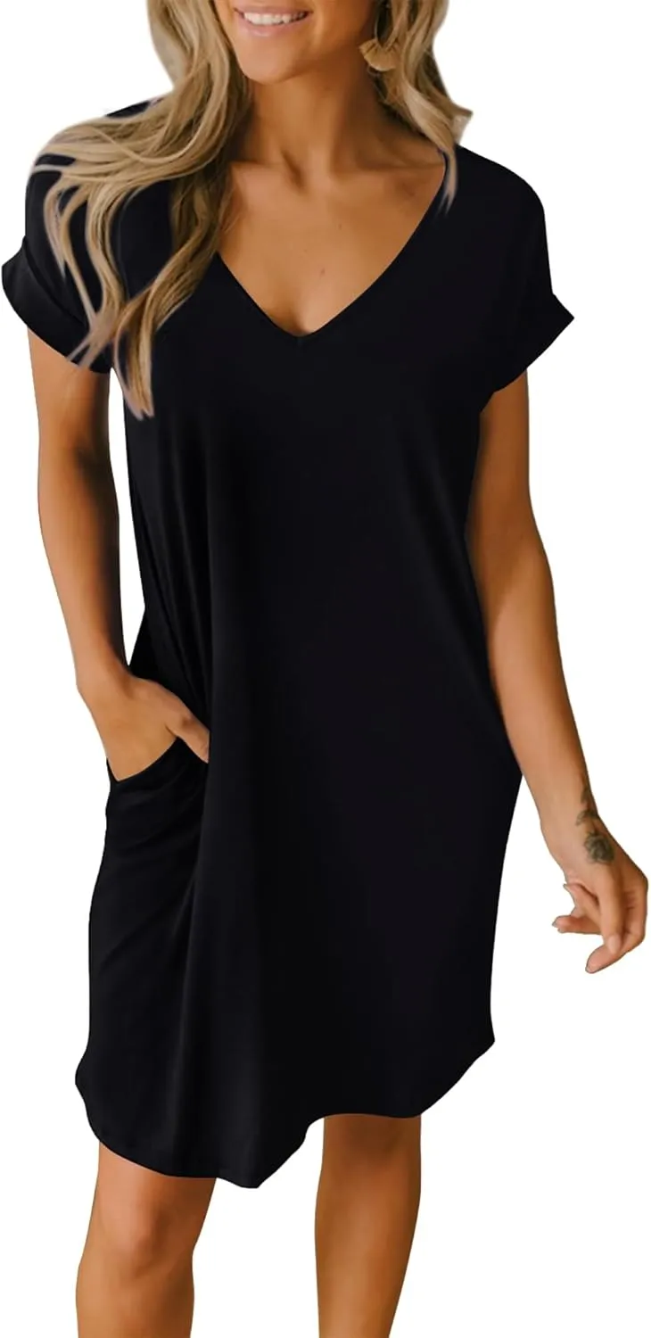 BTFBM Women V Neck Short Sleeve Summer Dresses Beach 2025 Spring Casual Loose Tunic Short T-Shirt Dress Pajamas Pockets