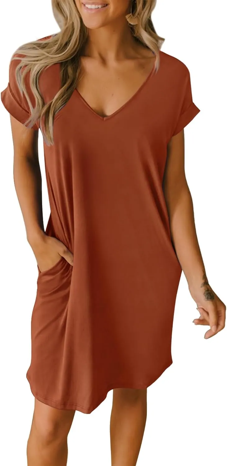 BTFBM Women V Neck Short Sleeve Summer Dresses Beach 2025 Spring Casual Loose Tunic Short T-Shirt Dress Pajamas Pockets