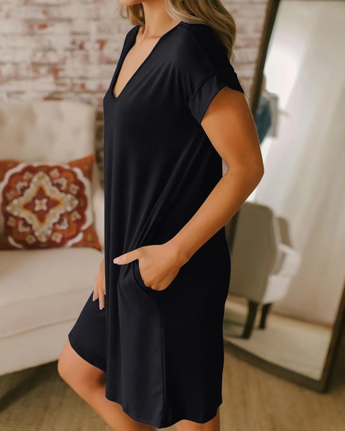 BTFBM Women V Neck Short Sleeve Summer Dresses Beach 2025 Spring Casual Loose Tunic Short T-Shirt Dress Pajamas Pockets