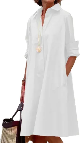 chouyatou Women's Spring Summer Button-Down Shirt Dress Loose A-Line Midi Shift Tunic Dress