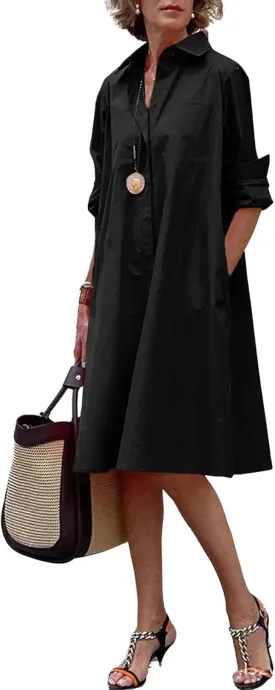 chouyatou Women's Spring Summer Button-Down Shirt Dress Loose A-Line Midi Shift Tunic Dress