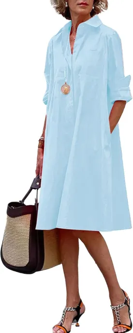 chouyatou Women's Spring Summer Button-Down Shirt Dress Loose A-Line Midi Shift Tunic Dress