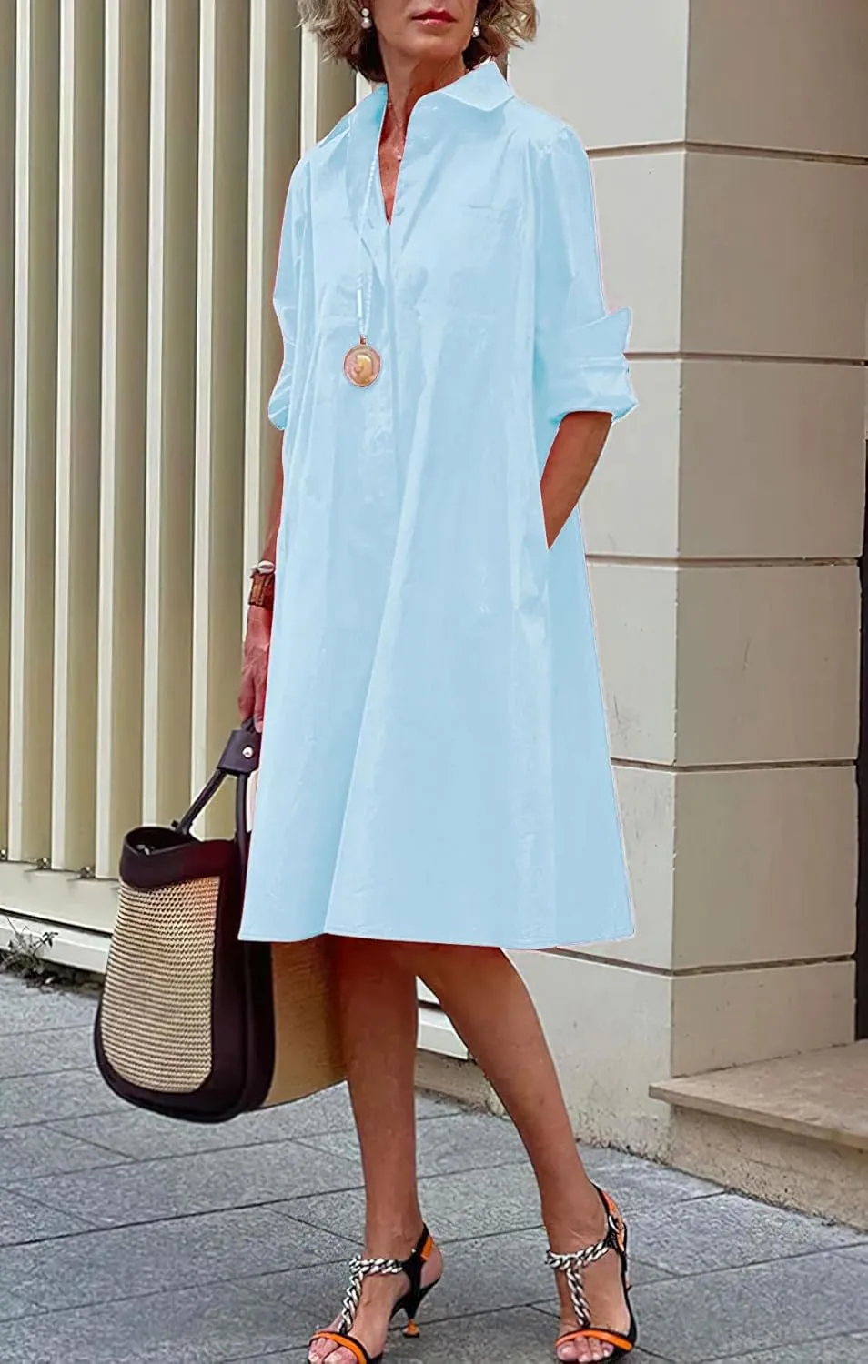 chouyatou Women's Spring Summer Button-Down Shirt Dress Loose A-Line Midi Shift Tunic Dress