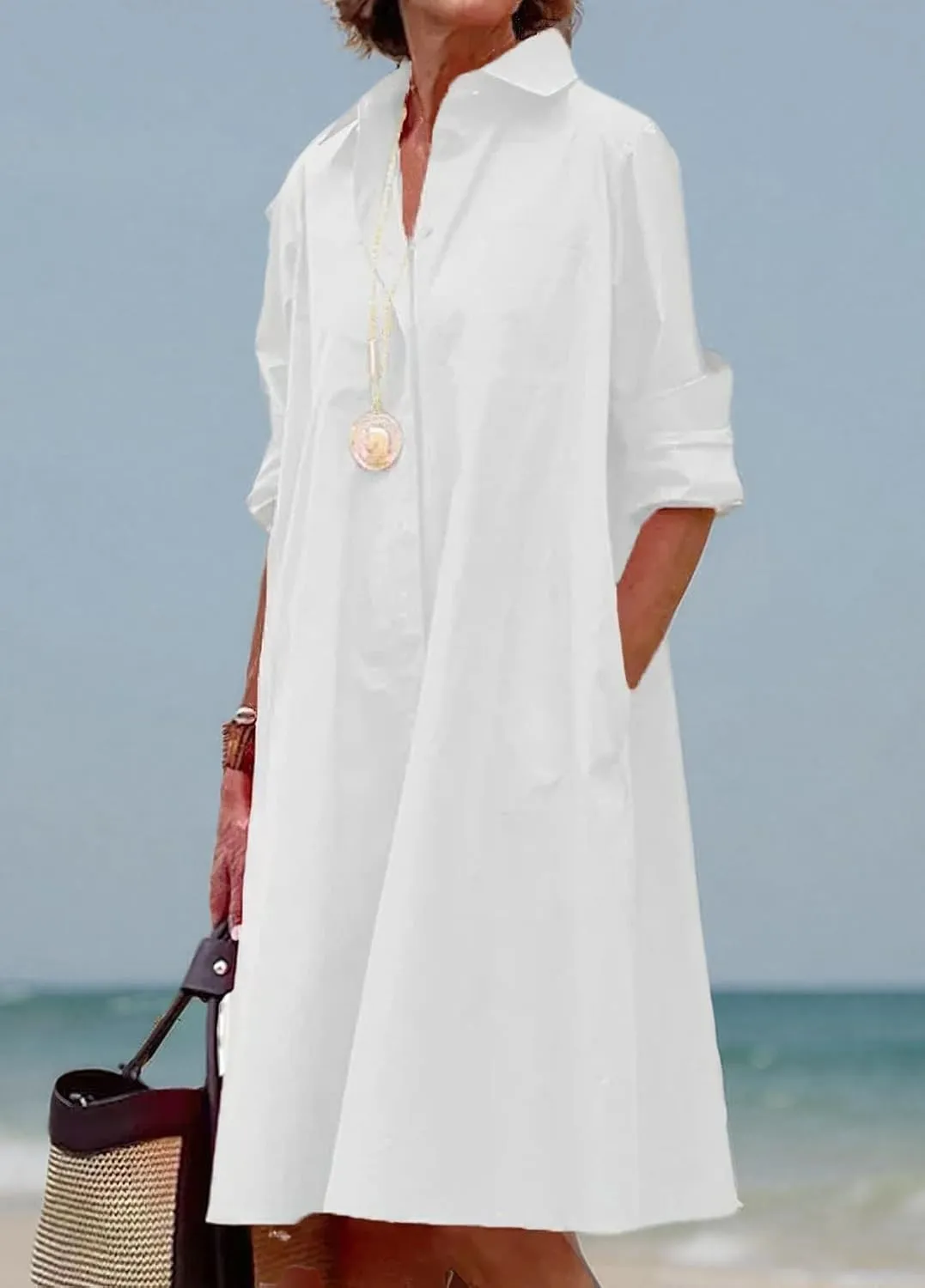 chouyatou Women's Spring Summer Button-Down Shirt Dress Loose A-Line Midi Shift Tunic Dress