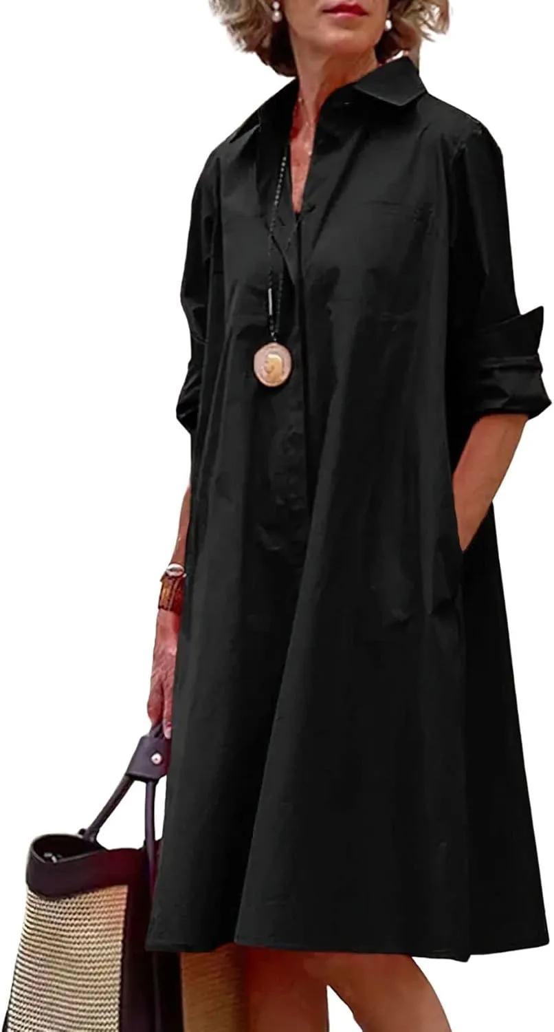 chouyatou Women's Spring Summer Button-Down Shirt Dress Loose A-Line Midi Shift Tunic Dress