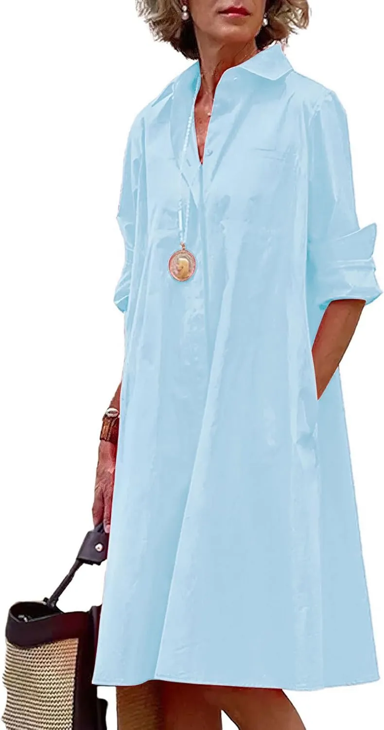 chouyatou Women's Spring Summer Button-Down Shirt Dress Loose A-Line Midi Shift Tunic Dress