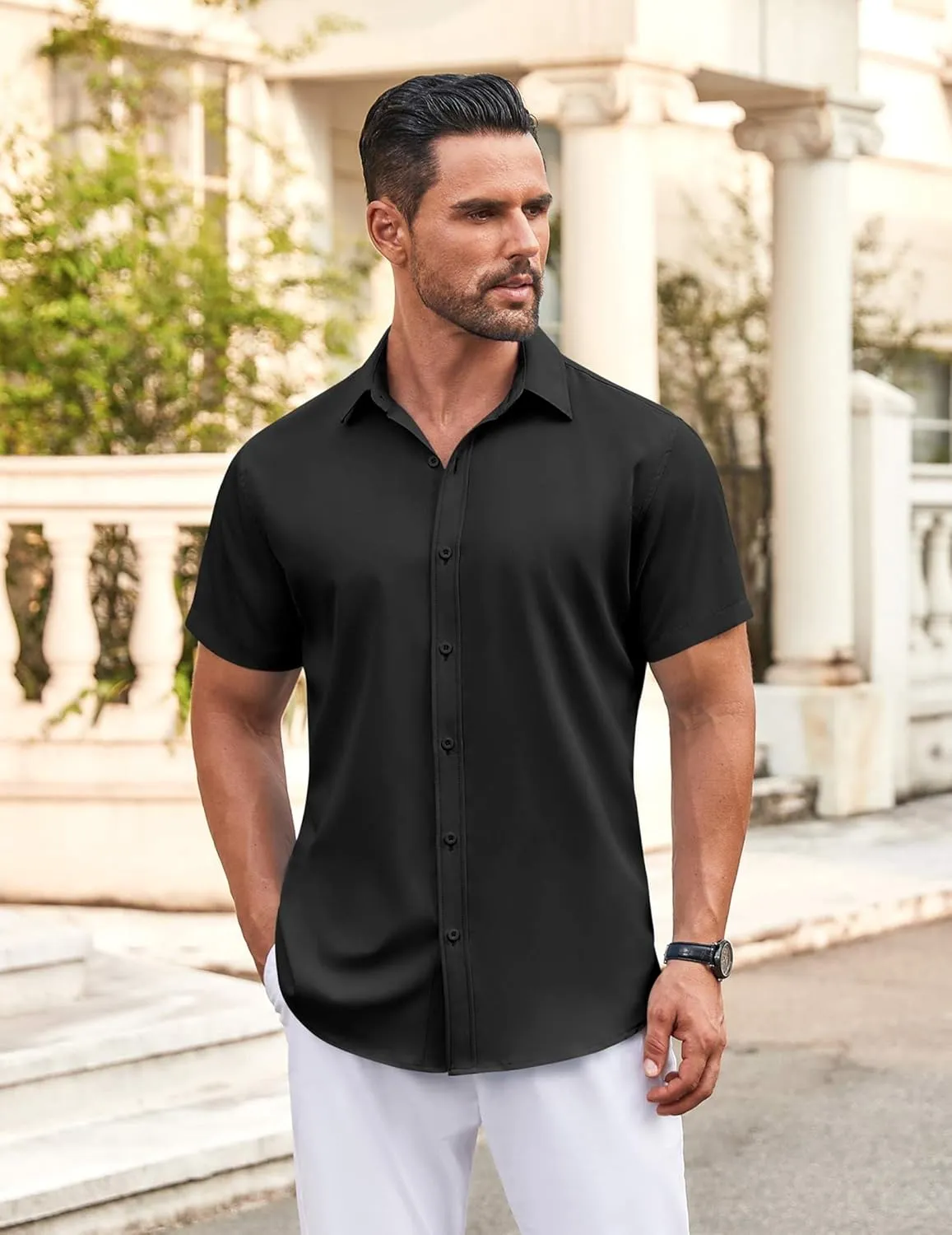 COOFANDY Men's Casual Button Down Shirt Short Sleeve Wrinkle Free Dress Shirt Beach Summer Wedding Shirt