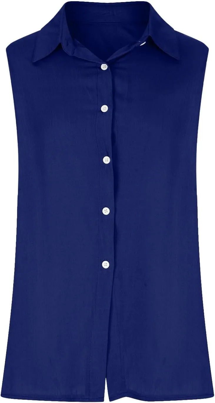 Cotton Linen Shirts for Women Sleeveless Collared Tops Oversized Button Up Blouses Work Shirts Casual Summer Tshirt