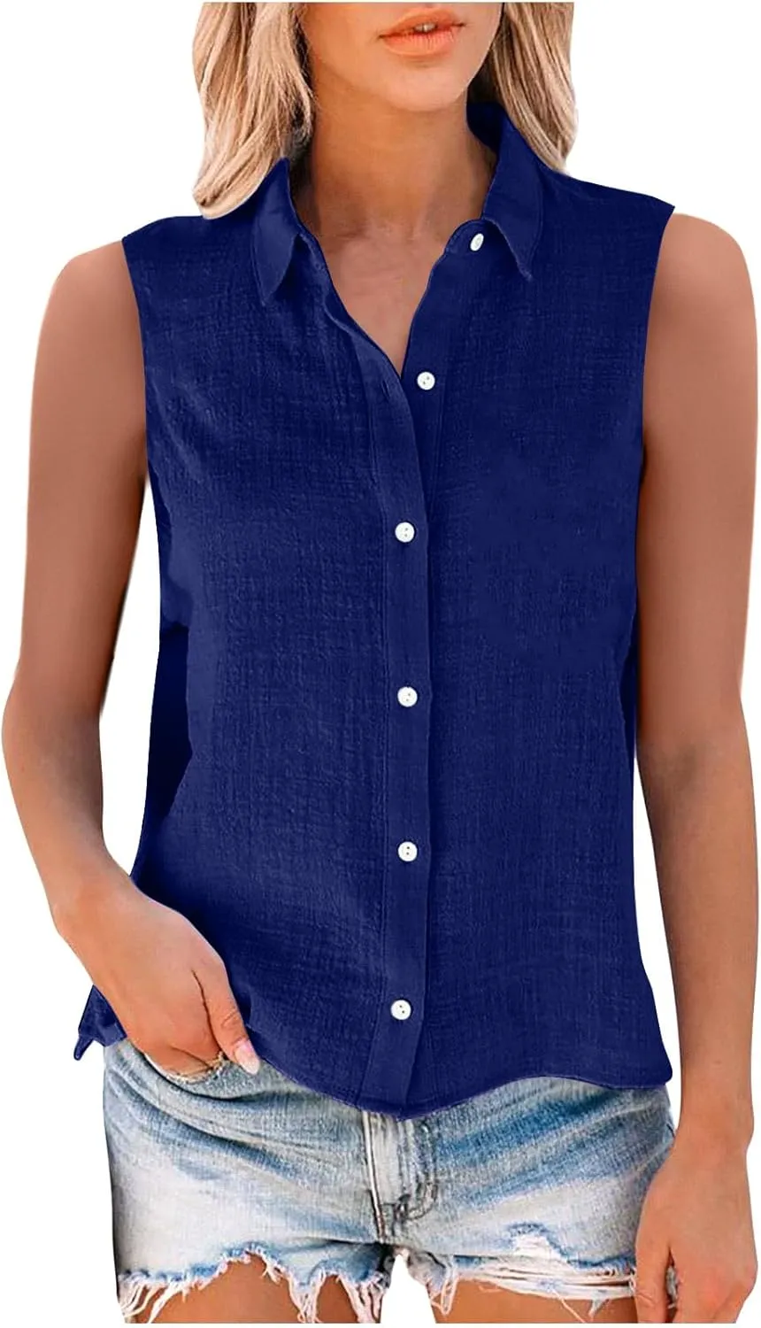 Cotton Linen Shirts for Women Sleeveless Collared Tops Oversized Button Up Blouses Work Shirts Casual Summer Tshirt