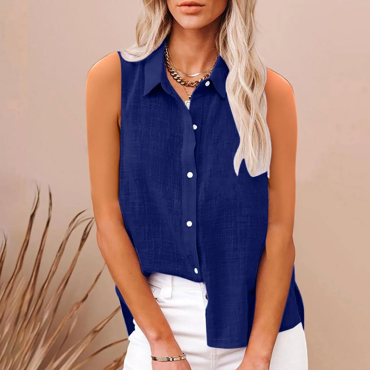 Cotton Linen Shirts for Women Sleeveless Collared Tops Oversized Button Up Blouses Work Shirts Casual Summer Tshirt