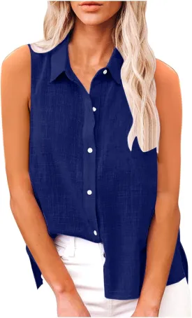 Cotton Linen Shirts for Women Sleeveless Collared Tops Oversized Button Up Blouses Work Shirts Casual Summer Tshirt