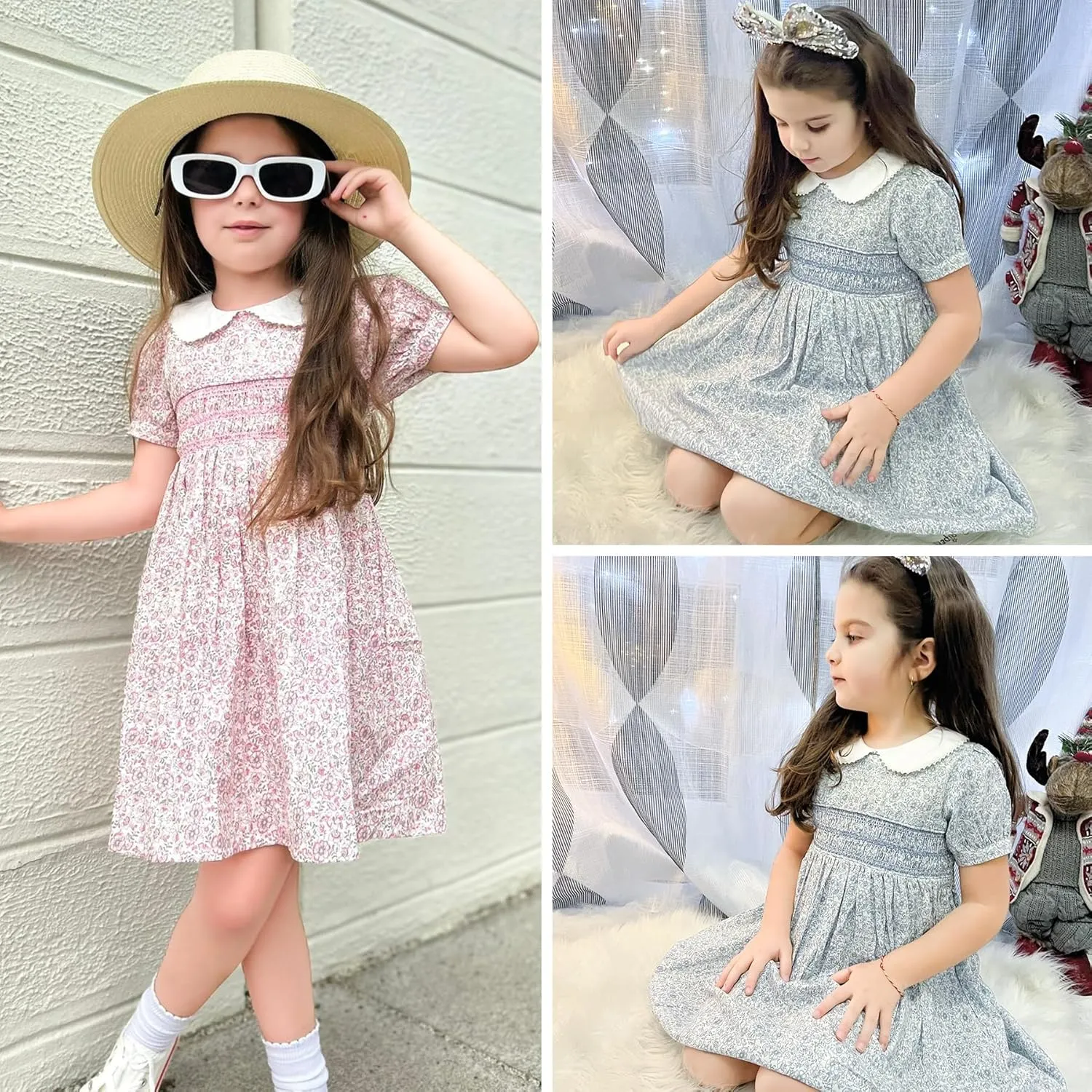 Curipeer Little Girls Summer Dress Floral Short Sleeve Cotton Casual Outfit Dress 12M-8Y
