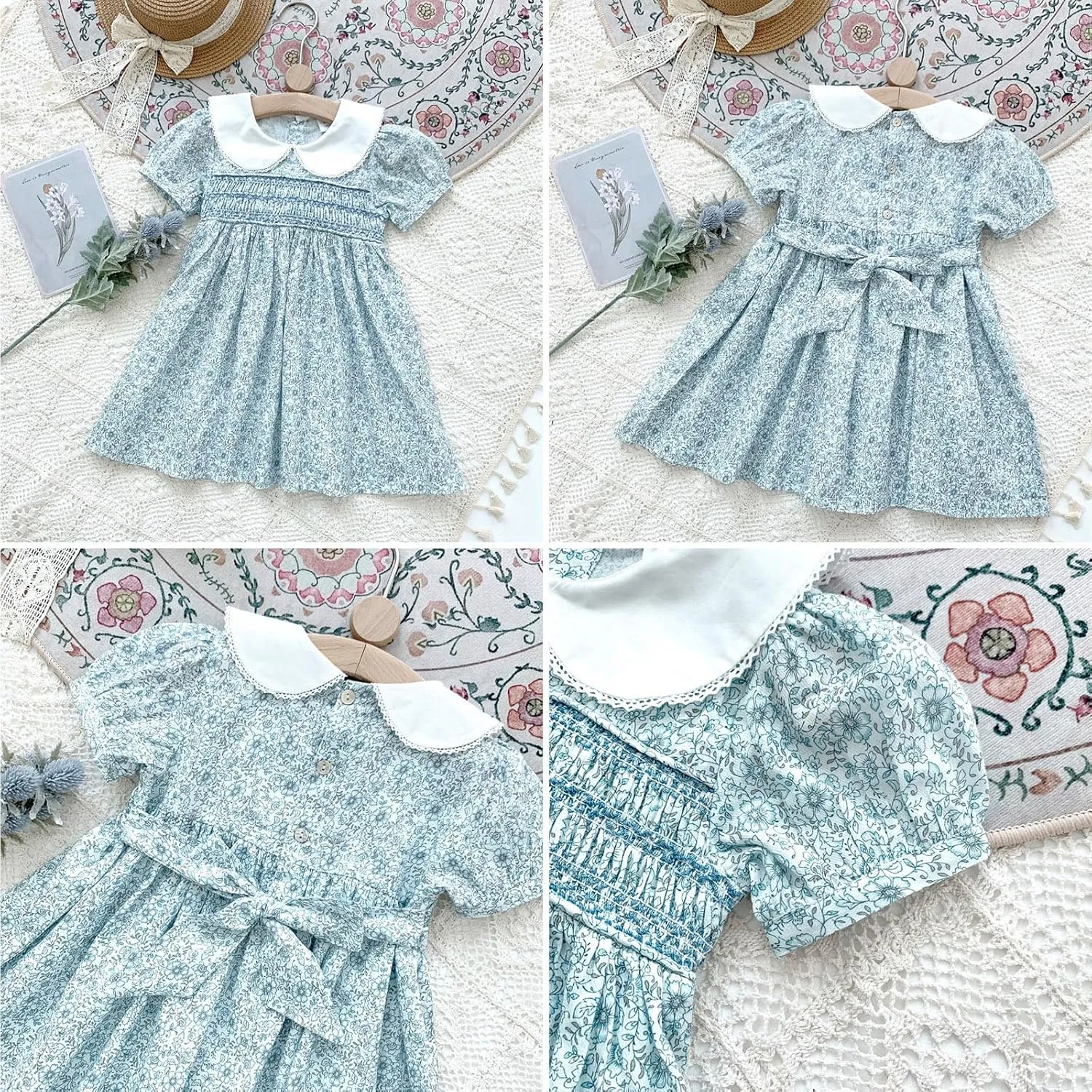 Curipeer Little Girls Summer Dress Floral Short Sleeve Cotton Casual Outfit Dress 12M-8Y