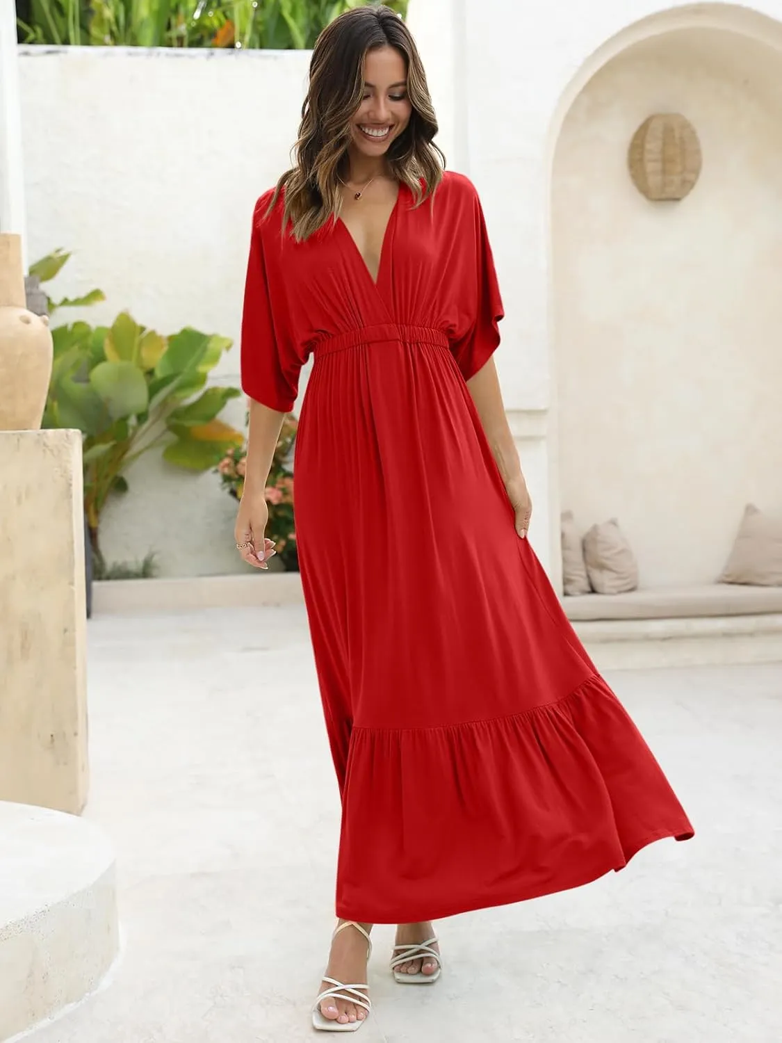 DEEP SELF Women’s Summer V Neck Batwing Short Sleeve Maxi Dress Casual Loose High Waist Flowy Long Beach Dress