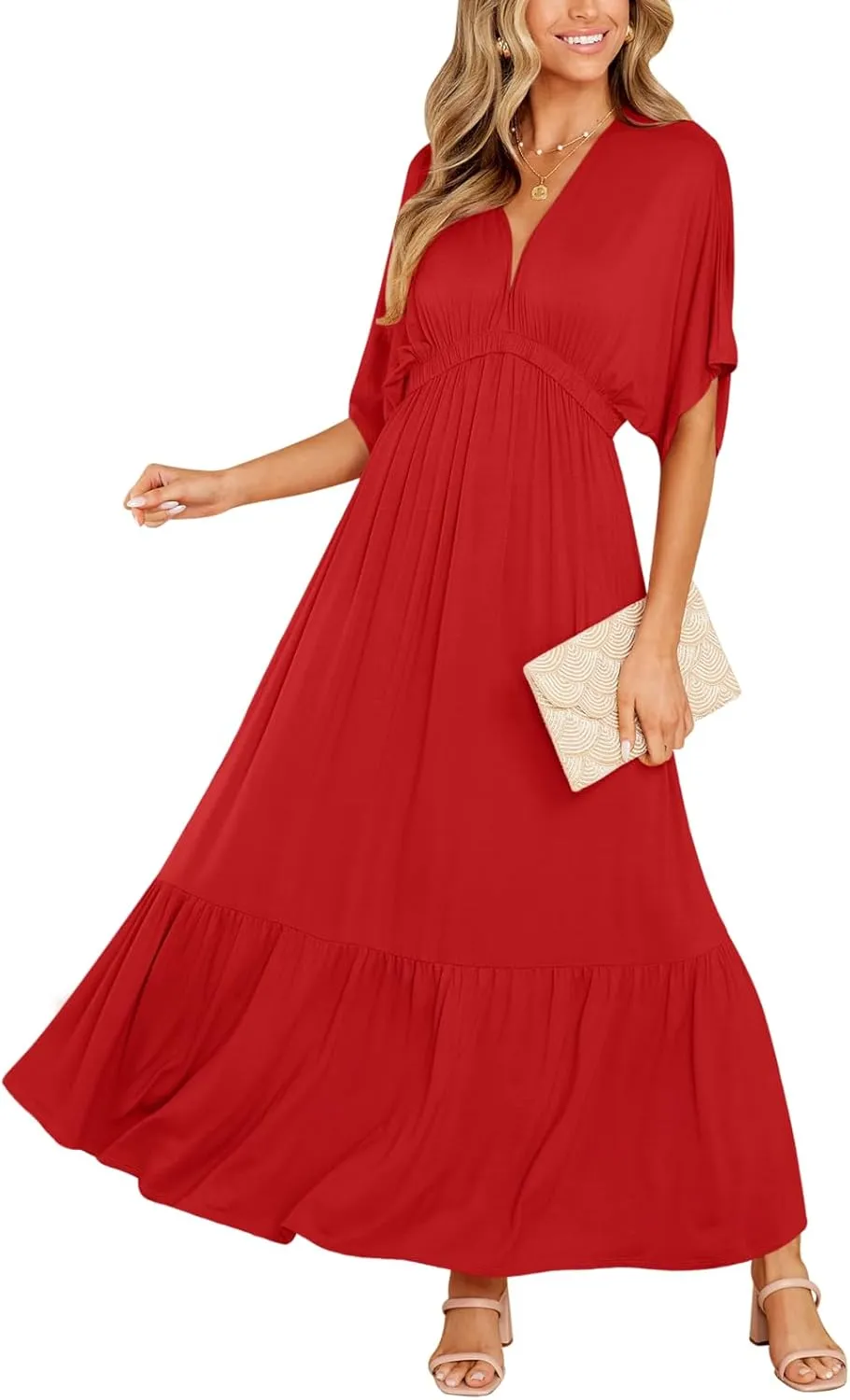 DEEP SELF Women’s Summer V Neck Batwing Short Sleeve Maxi Dress Casual Loose High Waist Flowy Long Beach Dress