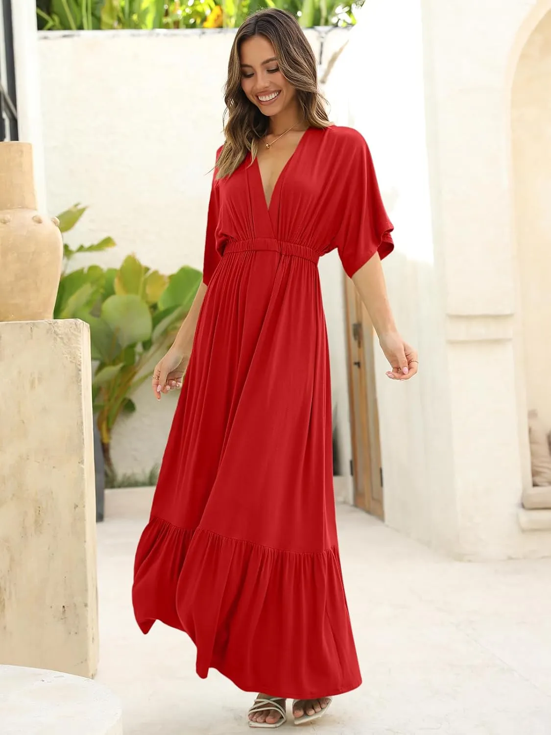 DEEP SELF Women’s Summer V Neck Batwing Short Sleeve Maxi Dress Casual Loose High Waist Flowy Long Beach Dress