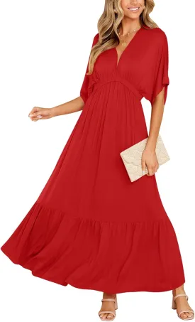 DEEP SELF Women’s Summer V Neck Batwing Short Sleeve Maxi Dress Casual Loose High Waist Flowy Long Beach Dress
