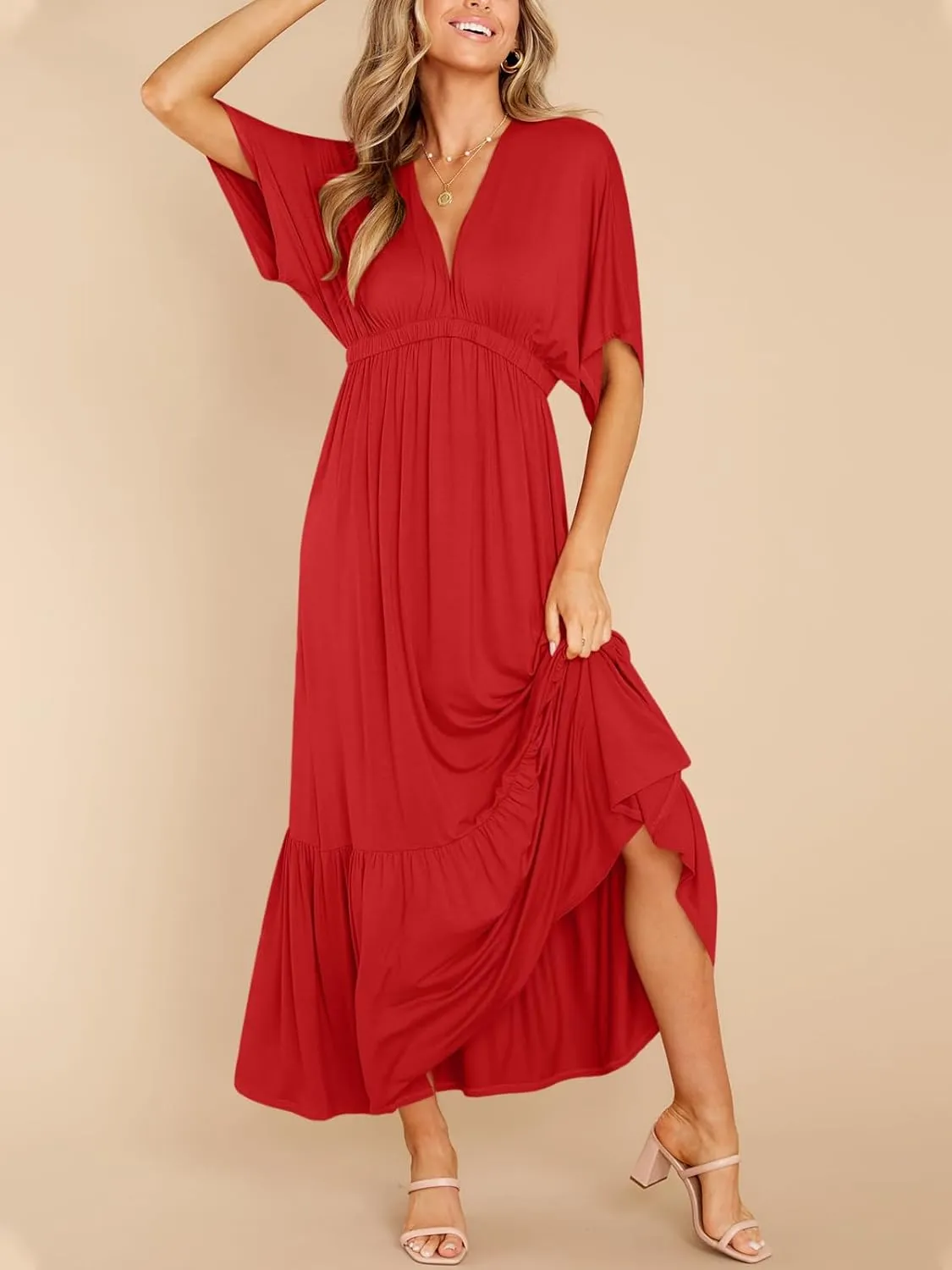 DEEP SELF Women’s Summer V Neck Batwing Short Sleeve Maxi Dress Casual Loose High Waist Flowy Long Beach Dress
