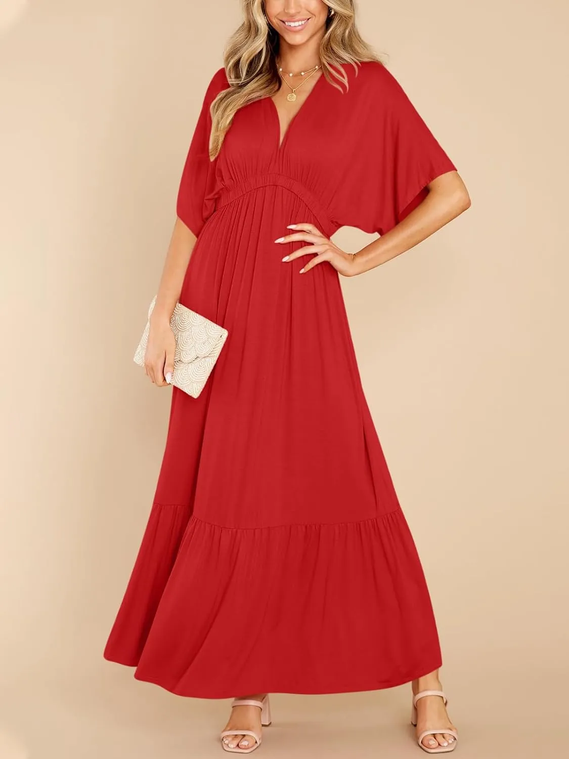 DEEP SELF Women’s Summer V Neck Batwing Short Sleeve Maxi Dress Casual Loose High Waist Flowy Long Beach Dress