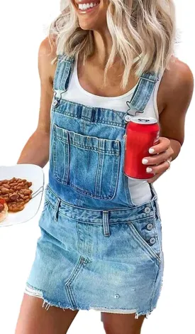 Denim Bib Overall Dress Women 2025 Sleeveless Ripped Distressed Adjustable Strap Short Jean Pinafore Dress