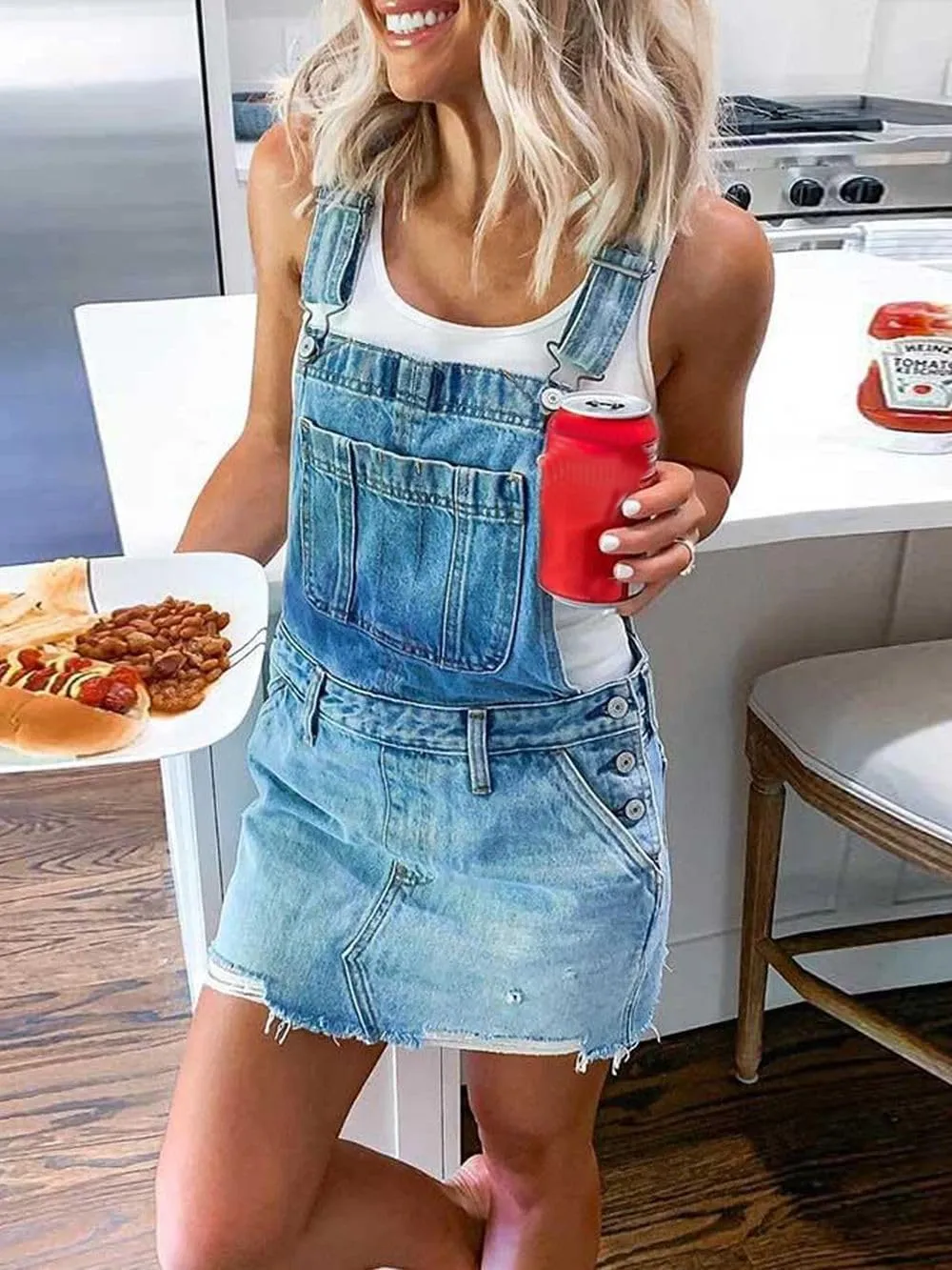 Denim Bib Overall Dress Women 2025 Sleeveless Ripped Distressed Adjustable Strap Short Jean Pinafore Dress