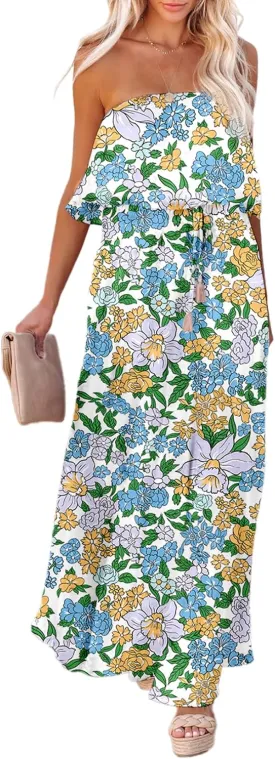 Dokotoo Womens Strapless Dresses Casual Summer High Waist Side Split Flowy Boho Maxi Dress