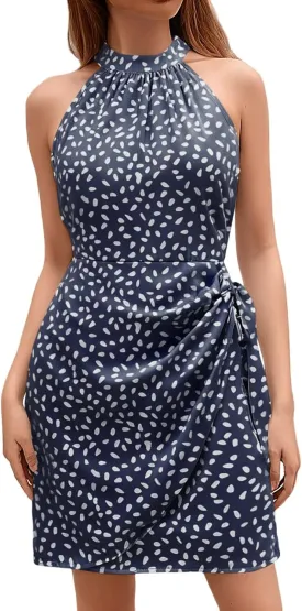 Dot Print midi Dress Summer Halter Sleeveless a line Sundress Casual Tie Waist Dress Zipper Back Vacation Beach Dresses