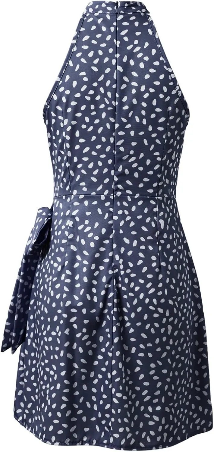 Dot Print midi Dress Summer Halter Sleeveless a line Sundress Casual Tie Waist Dress Zipper Back Vacation Beach Dresses