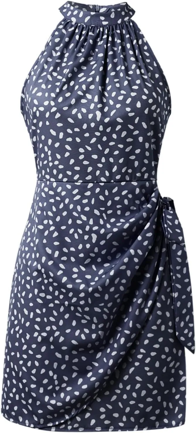 Dot Print midi Dress Summer Halter Sleeveless a line Sundress Casual Tie Waist Dress Zipper Back Vacation Beach Dresses