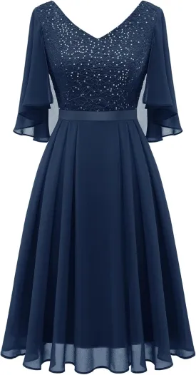 Dressystar Sequin Women Dresses Knee Length Dress Mother of The Bride Wedding Guest V-Neck Evening Formal Cocktail Gowns