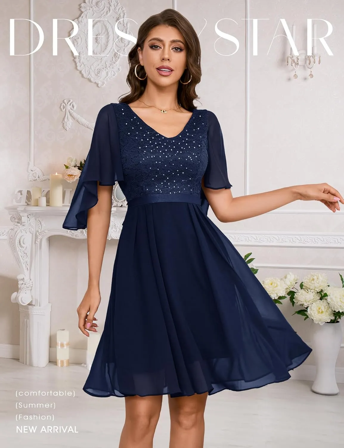 Dressystar Sequin Women Dresses Knee Length Dress Mother of The Bride Wedding Guest V-Neck Evening Formal Cocktail Gowns