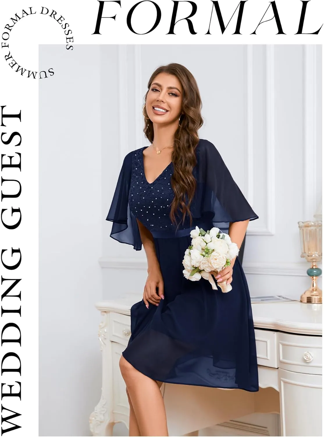 Dressystar Sequin Women Dresses Knee Length Dress Mother of The Bride Wedding Guest V-Neck Evening Formal Cocktail Gowns