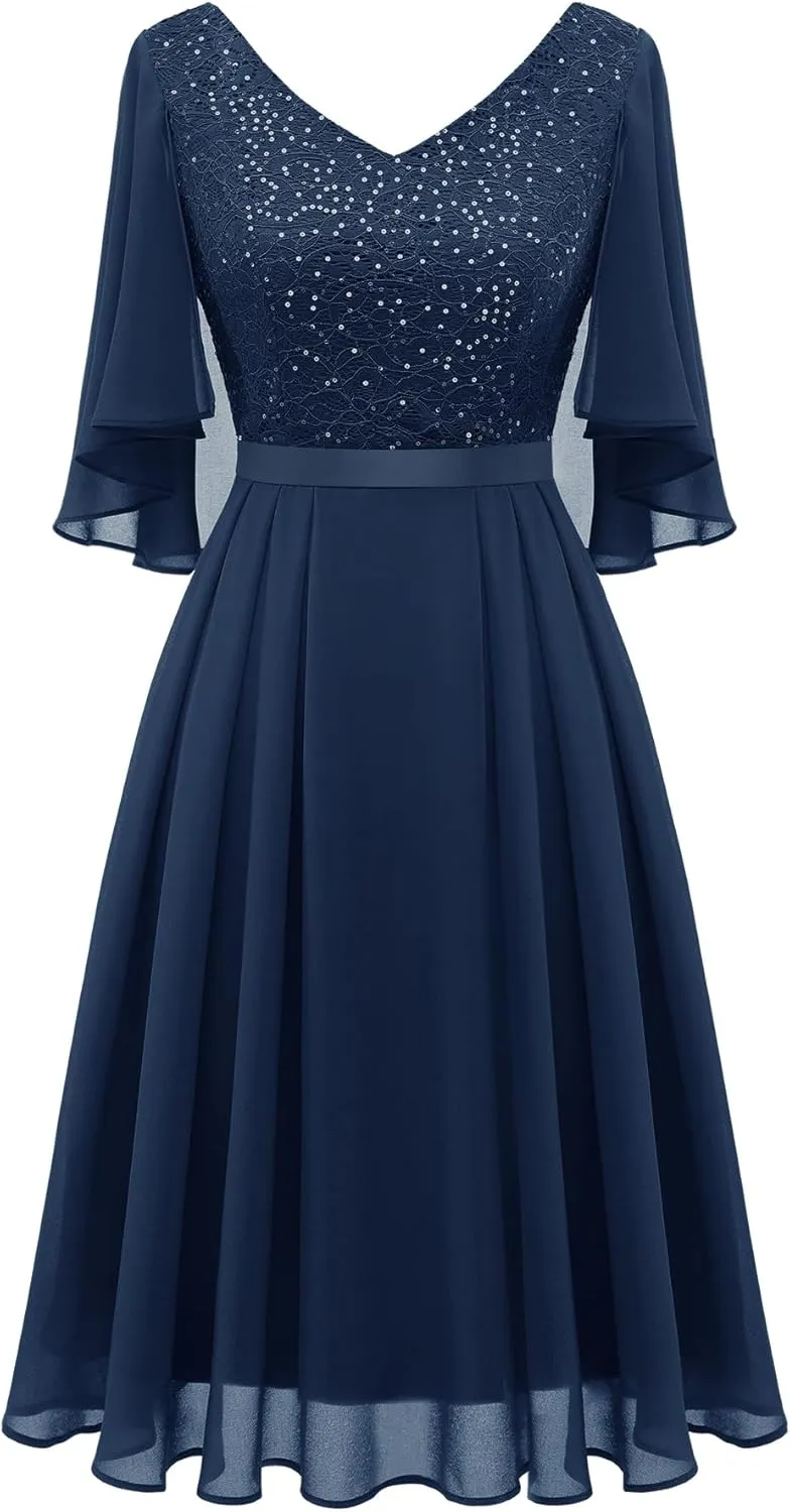 Dressystar Sequin Women Dresses Knee Length Dress Mother of The Bride Wedding Guest V-Neck Evening Formal Cocktail Gowns