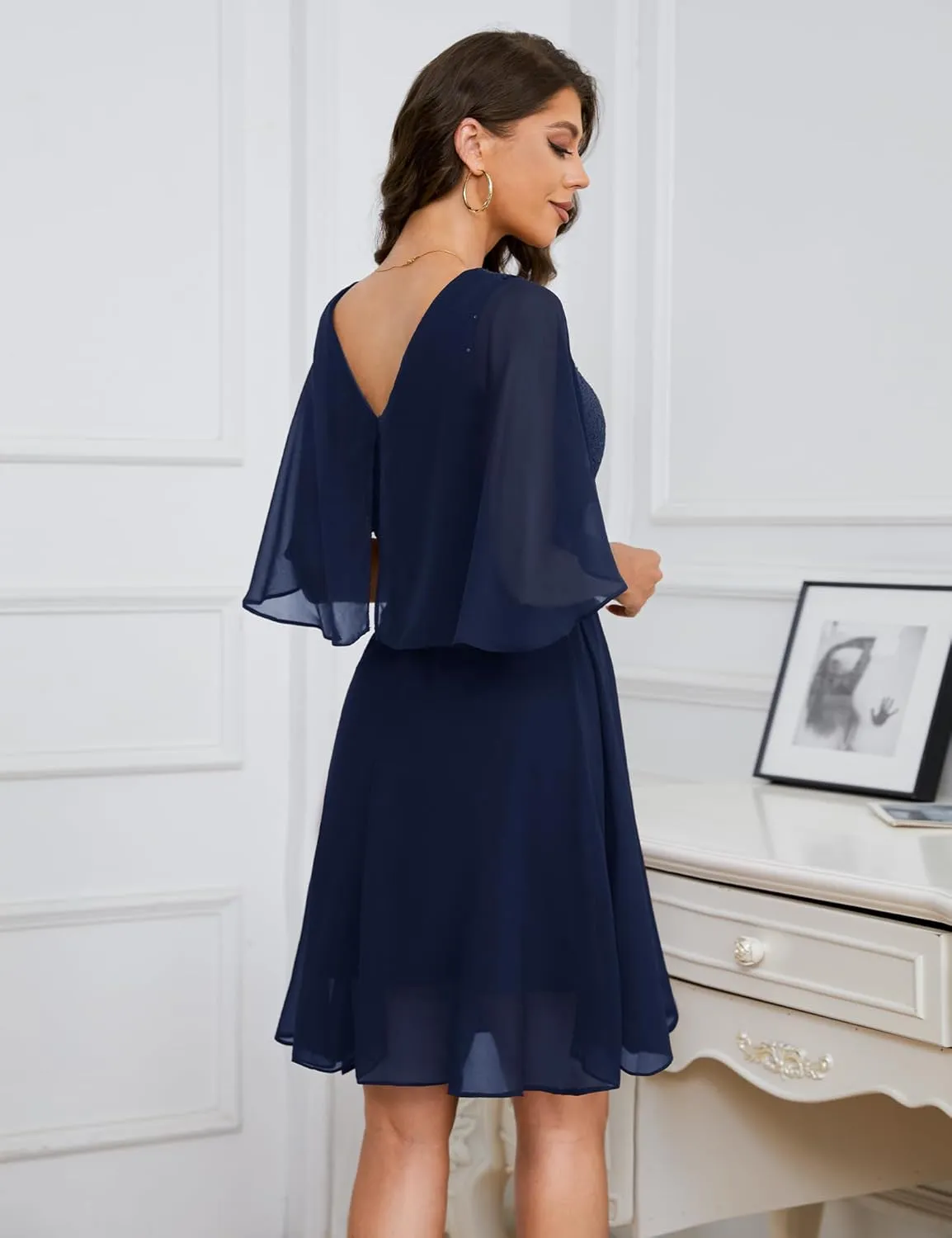 Dressystar Sequin Women Dresses Knee Length Dress Mother of The Bride Wedding Guest V-Neck Evening Formal Cocktail Gowns